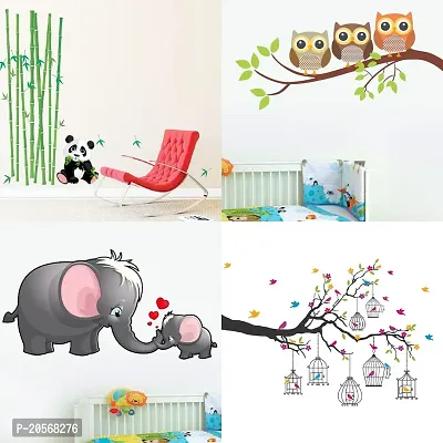 Ghar Kraft Set of 4 Combo Wall Stickers |Panda with Bamboo Sticks|Owl Family of 3|Mom and Kid Elephant|Branches with Flowers and Birds Cages