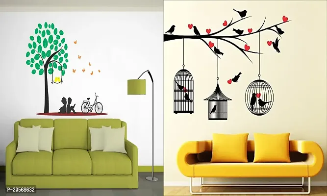 Ghar Kraft Set of 2 Wall Sticker Kids Under The Tree and Love Birds with Hearts Wall Sticker-thumb0