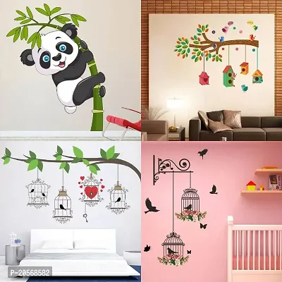 Ghar Kraft Set of 4 Combo Wall Stickers|Branches and Cages|Baby Panda|Bird House Branch|Birdcase Key