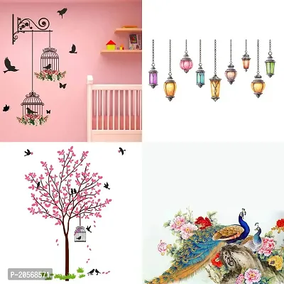 Ghar Kraft Set of 4 Combo Wall Stickers|Branches and Cages|Hanging Lamp|Pink Tree Bird  Nest|Royal Peacock|