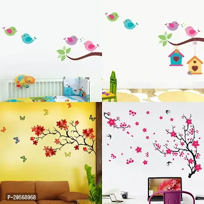 Ghar Kraft Set of 4 Combo Wall Stickers |Singing Birds|Singing Bird with Case|Chinese Flower|Different Tree with Flower-thumb0