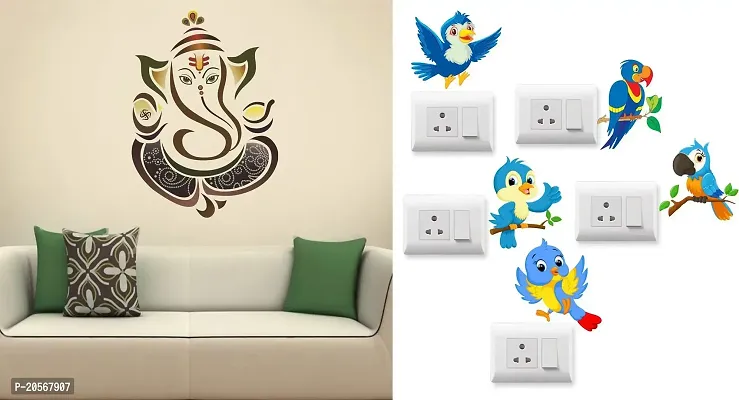 GHAR KRAFT Royal Ganesh Wall Sticker and Twitter BirdSwitch Board Sticker for Room, Hall, Kitchen (PVC Viny)