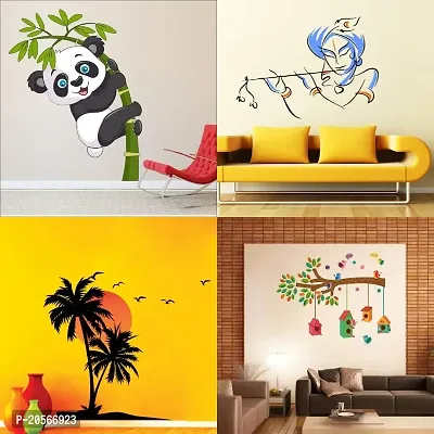 Ghar kraft Vinyl Self Adhesive Fantasy Wall Stickers of Baby Panda, Bansidhar Krishna, Beach with Sunset, Bird House On A Branch - Pack of 4