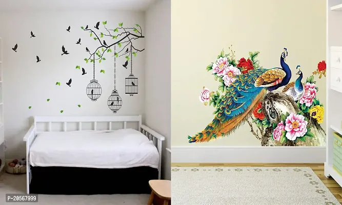Ghar Kraft Set of 2 Wall Sticker Flying Bird with Cage and Royal Peacock Wall Sticker