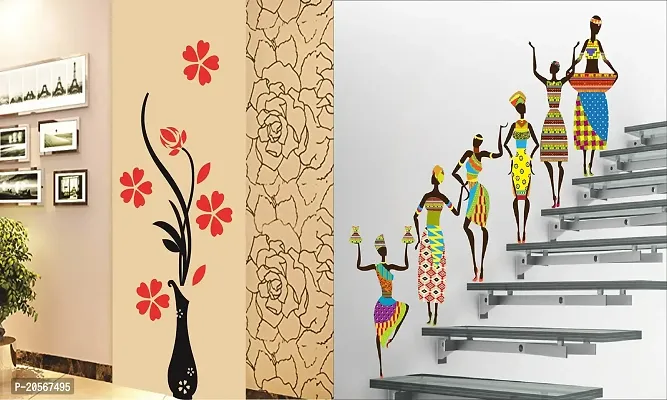 Ghar Kraft Set of 2 Wall Sticker Flower Vase Red and Tribal Lady Wall Sticker