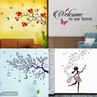 Ghar Kraft Set of 4 Combo Wall Stickers|Chinese Flower|Welcome Home Butterfly|Blue Tree Moon|Dreamy Girl|-thumb0