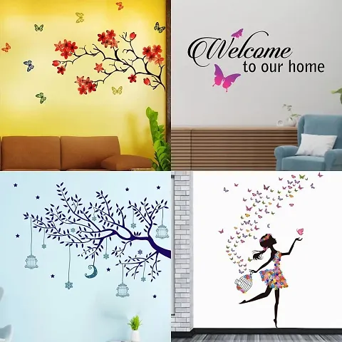 Ghar Kraft Set of 4 Combo Wall Stickers|Chinese Flower