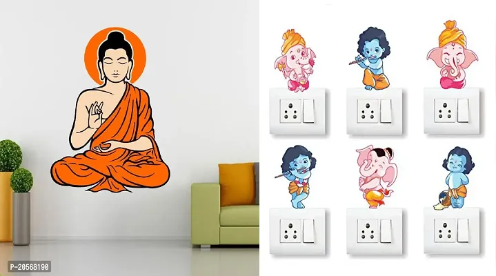 GHAR KRAFT Yogi Buddha Black Wall Sticker and GaneshSwitch Board Sticker for Room, Hall, Kitchen (PVC Viny)