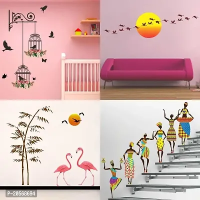 Ghar Kraft Set of 4 Combo Wall Stickers|Branches and Cages|Sunrise  Flying Bird|Sunset swan Love|Tribal Lady|