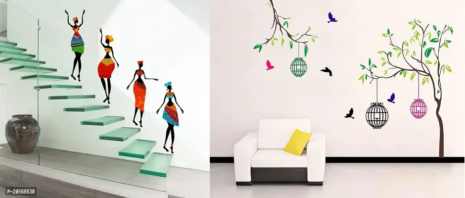 Ghar Kraft Set of 2 Free Bird Case African Dancing Lady Self Adhesive Hall, Living Room, Kids Room Wall Sticker