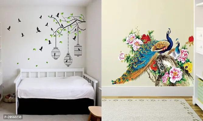 Ghar Kraft Set of 2 Wall Sticker Flying Bird with Cage and Royal Peacock Wall Sticker-thumb0