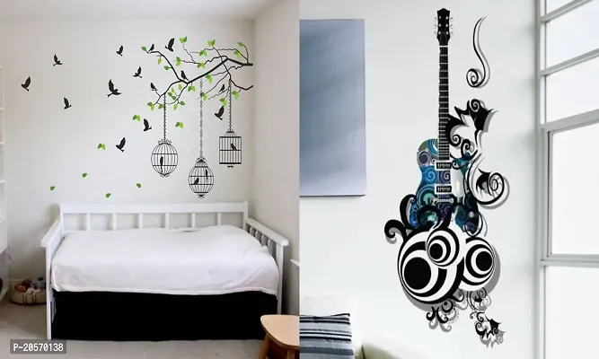 Ghar Kraft Set of 2 Wall Sticker Flying Bird with Cage and Guitar Wall Sticker