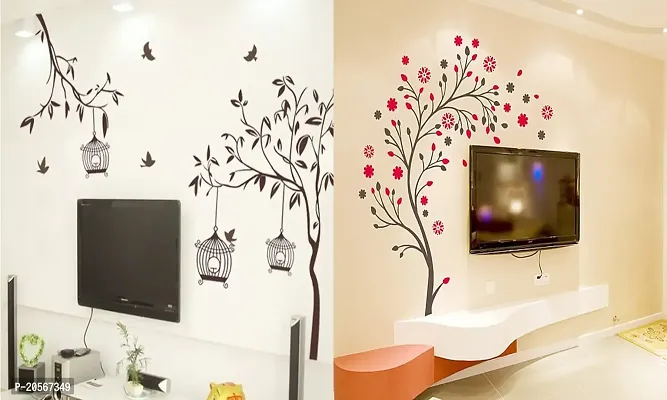 Ghar Kraft Set of 2 Wall Sticker Free Bird Cage Brown and Magical Tree Wall Sticker