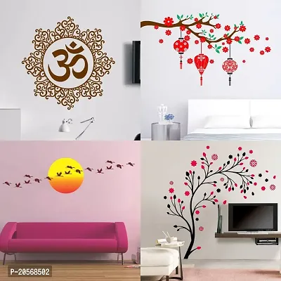 Ghar Kraft Set of 4 Combo Wall Stickers|Designer Om|Magical Tree|Red Flower  Lantern|Sunrise  Flying Bird-thumb0