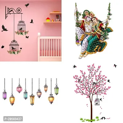 Ghar Kraft Set of 4 Combo Wall Stickers|Branches and Cages|Radhamadhav Jhula |Hanging Lamp|Pink Tree Bird  Nest-thumb0