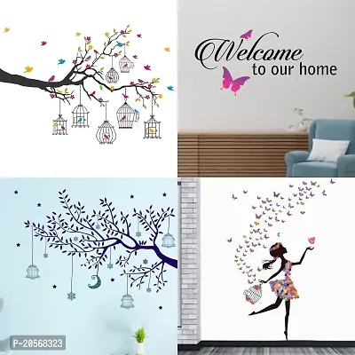 Ghar Kraft Set of 4 Combo Wall Stickers|Branches Flowers  BirdCages|Welcome Home Butterfly|Blue Tree Moon|Dreamy Girl|