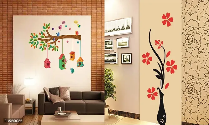 Ghar Kraft Set of 2 Wall Sticker Bird House On A Branch and Flower Vase Red Wall Sticker