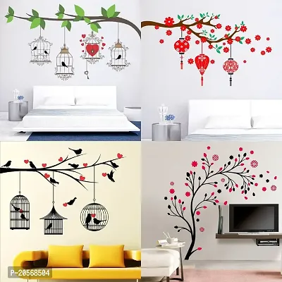 Ghar Kraft Set of 4 Combo Wall Stickers|Birdcase Key|Lovebirds  Hearts|Magical Tree|Red Flower  Lantern-thumb0