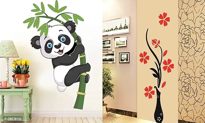 Ghar Kraft Set of 2 Wall Sticker Baby Panda and Flower Vase Red Wall Sticker