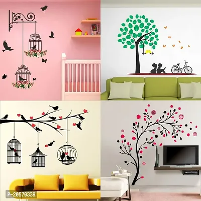 Ghar Kraft Set of 4 Combo Wall Stickers|Branches and Cages|Kids Under Tree|Lovebirds  Hearts|Magical Tree|