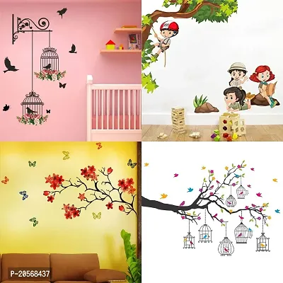 Ghar Kraft Set of 4 Combo Wall Stickers|Branches and Cages|Kids Activity|Chinese Flower|Branches Flowers  BirdCages