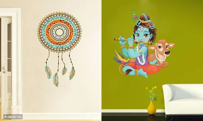 Ghar Kraft Set of 2 Wall Sticker Hand Drawn Dreamcatcher and Lord Krishna Playing with Cow Wall Sticker