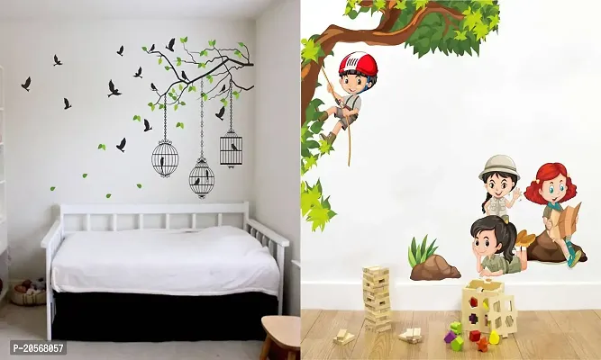 Ghar Kraft Set of 2 Wall Sticker Flying Bird with Cage and Kids Activity Wall Sticker
