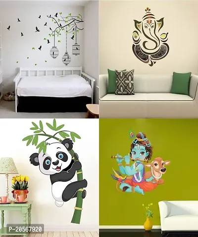 Ghar Kraft Set of 4 Wall Sticker Baby Panda | Flying Bird with Cage | Lord Krishna Playing with Cow | Lord Krishna Playing with Cow | Lord Krishna Playing with Cow | Royal Ganesh