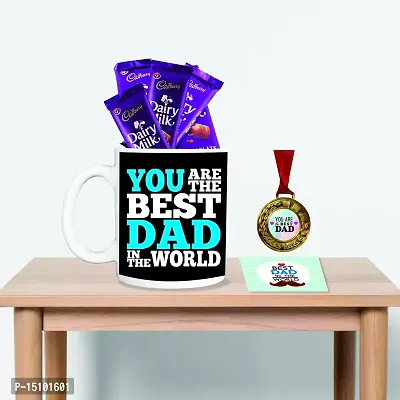 TheYaYaCafe Fathers's Day Gifts Coffee Mug with Coaster 5 Dairy milk Chocolate (7gm each), 1 Award Medal Combo for Dad - Best Dad in The World-thumb0