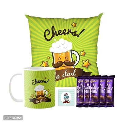 YaYa cafe? Birthday Chocolate Gifts Combo for Dad -Cheers to Dad Mug, Cushion Cover, 5 Dairy Milk Silk Chocolate, with Coaster