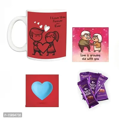 YaYa cafe Valentine Day Chocolate Gifts Combo for Girlfriend Mug Card Coaster Fridge Magnet I Love You Forever and Ever - 15 Dairy Milk Chocolates, Red
