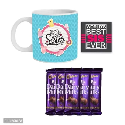 YaYa Cafe Birthday Bhaidooj Gift Combo for New Big Sister to Be Mug with 5 Dairy Milk Chocolates, Coaster Set of 2