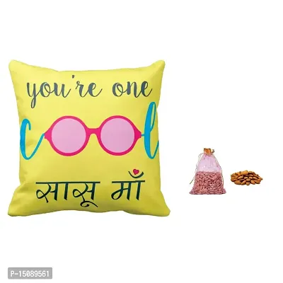 YaYa cafe Birthday Gifts for Mother in Law Printed Cool Sasu Mas Cushion Cover with Dry Fruits Gift Combo