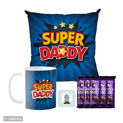 YaYa cafe? Birthday Chocolate Gifts Combo for Dad -Super Daddy Mug, Cushion Cover, 5 Dairy Milk Silk Chocolate, with Coaster-thumb0