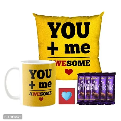 YaYa cafe Valentine Gifts Combo for Husband Wife Girlfriend Boyfriend Mug, Cushion Cover, 10 Dairy Milk Chocolate You Me Awesome, with Coaster