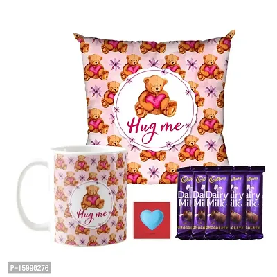 YaYa cafe Valentine Hug Day Gifts Combo for Girlfriend Wife Mug, Cushion Cover, 5 Dairy Milk Cadbury Chocolate Hug Me Teddy Love, with Coaster-thumb0