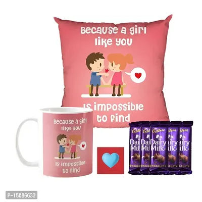 YaYa cafe Valentine Gifts Combo for Wife Girlfriend Mug, Cushion Cover, 5 Dairy Milk Silk Chocolate Because A Girl Like You is Impossible to Find Love Boy Girl, with Coaster