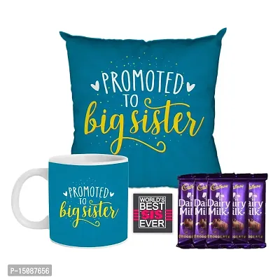 YaYa Cafe Birthday Bhaidooj Gift Combo for Sister to be Promoted to Big Sister Mug , Cushion Cover, 5 Cadbury Dairy Milk Chocolate, with Coaster Set of 3