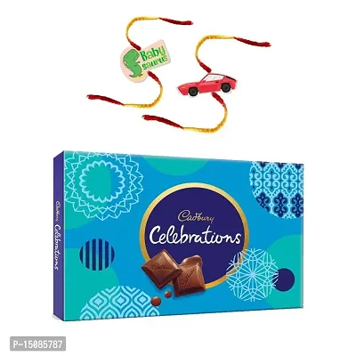 YaYa Cafe Rakhi Gifts Combo for Brother Cadbury Celebrations Assorted Chocolate Gift Pack with Baby Saurus Car Printed Rakhi - 186.6g