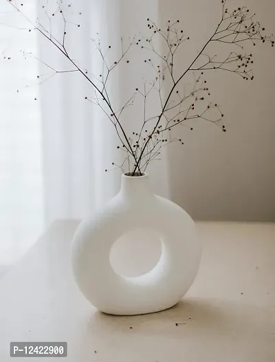 FARKRAFT White Donut Vase Ceramic Vase for Pampas Grass Home Decor Items for Living Room Bedroom Accessories Dried Flower Vase Marriage Gifts for Couples (Set of 1) (Off White MATT)-thumb0