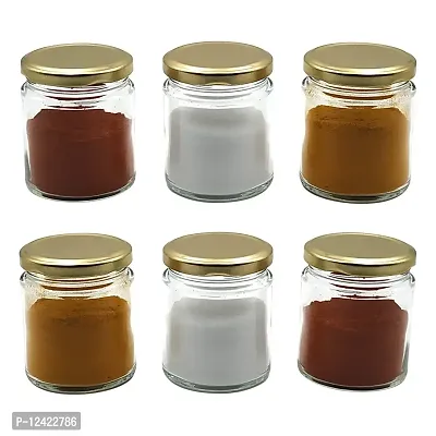 FARKRAFT Round Glass Jar/ Container with Golden Metal Cap Rust Proof Air Tight Lid for Kitchen Storage, Spice, Jam, Honey & Decoration Craft Work- 190ml, Pack of 6 Pcs