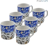 FARKRAFT Tea and Coffee Cups Ceramic Chai Cup Set Handcrafted White Blue Microwave Safe Best Gift for Friends, Anniversary, Birthday (Set of 6)-thumb1