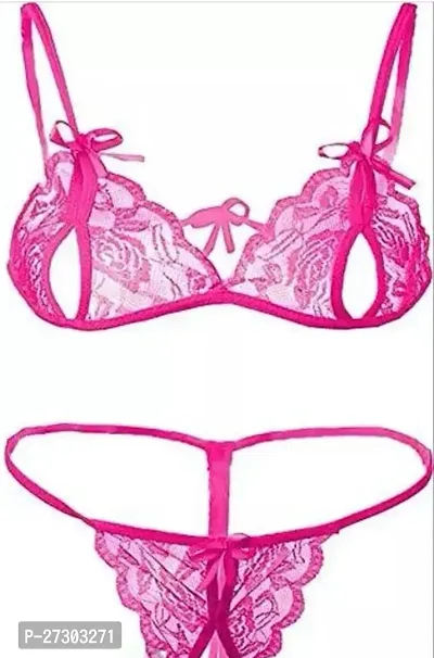 Stylish Cotton Blend Pink Self Pattern Bra and Panty Set For Women