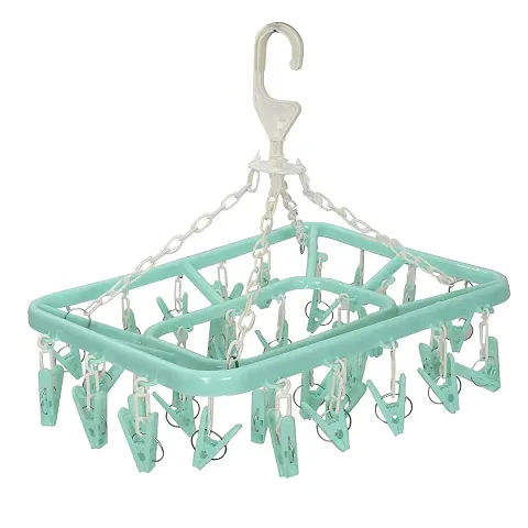 Heart Home Cloth Drying Hanger Rack (32 Clips)|360 Degree Portable & Rotatable Clips|Space Saving Travel & Durable Plastic|Size 40 x 38 x 30 CM (Green)-HHEART15537