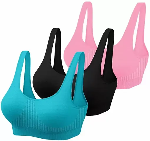 SENECIO Pack of 3 Nylon & Spandex Women's Non Padded Soft Feel Wireless Sports Cami Air Bra Stretchable Free Size