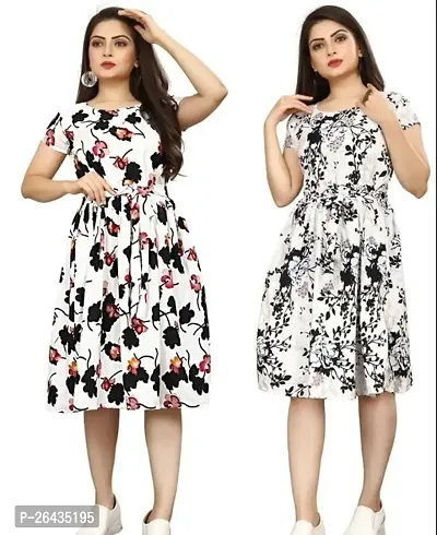 Stylish Multicolored Crepe Abstract Print A-Line Dress For Women Pack Of 2