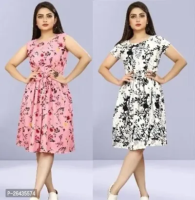 Stylish Multicolored Crepe Abstract Print A-Line Dress For Women Pack Of 2