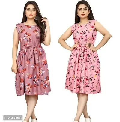 Stylish Multicolored Crepe Abstract Print A-Line Dress For Women Pack Of 2