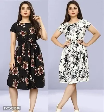 Stylish Multicolored Crepe Abstract Print A-Line Dress For Women Pack Of 2-thumb0