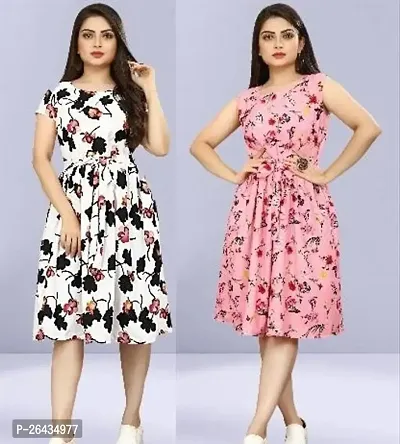 Stylish Multicolored Crepe Abstract Print A-Line Dress For Women Pack Of 2